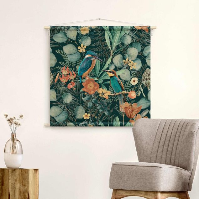 Arazzo da parete artistico Paradiso floreale con colibrì e martin pescatore