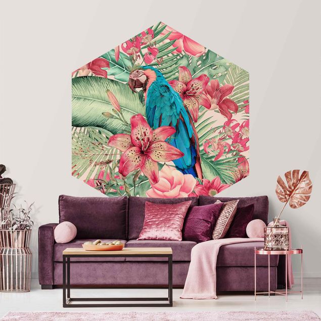 Carta da parati moderna Paradiso floreale pappagallo tropicale