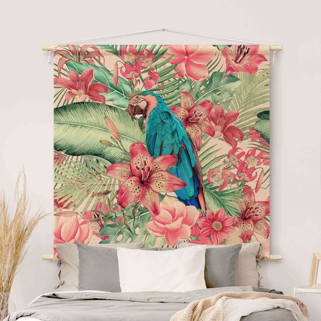 Arazzi da parete moderni Paradiso floreale con pappagallo tropicale