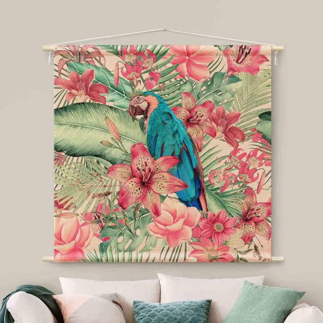 Tappeto da muro Paradiso floreale con pappagallo tropicale