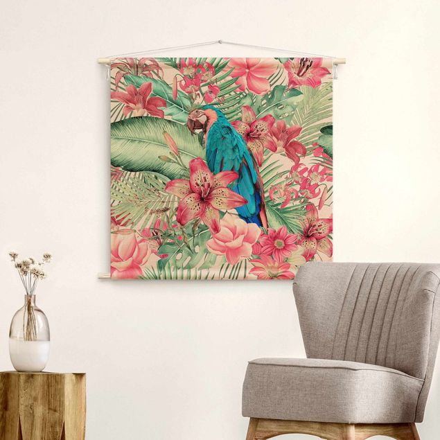 Arazzo da parete artistico Paradiso floreale con pappagallo tropicale