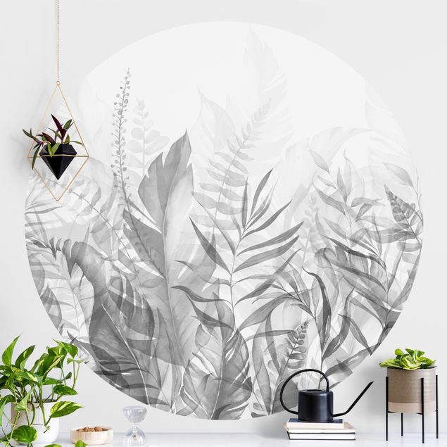 Carta parati adesiva Botanica - Foglie tropicali grigio