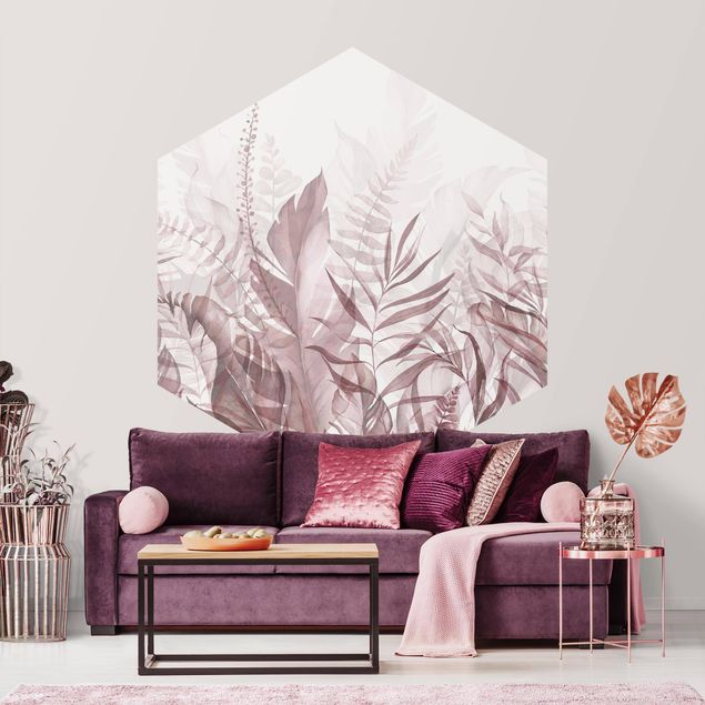 Fotomurale esagonale Botanica - Foglie tropicali rosa