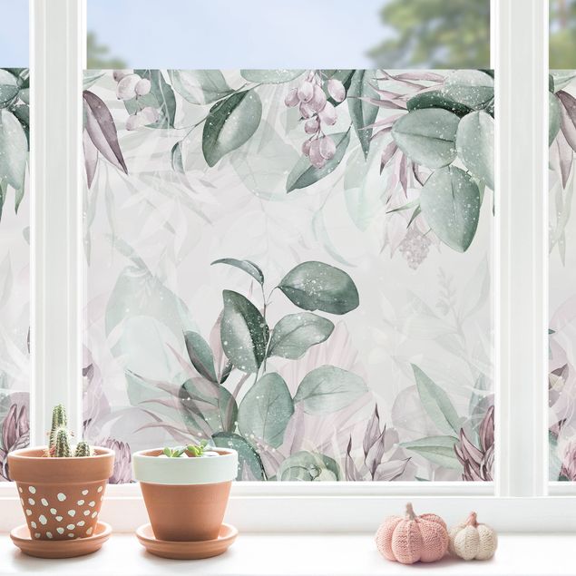 Adesivi per finestre con fiori Botanica in pastello verde & rosa