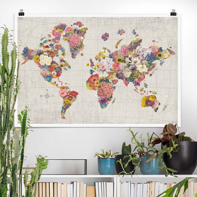 Poster retro style Mappa del mondo botanico