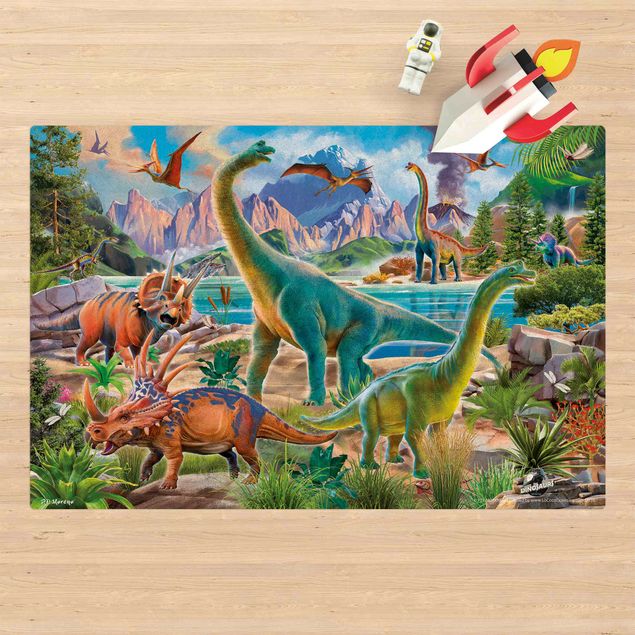 tappeto con dinosauri Brachiosauro e Triceratopo