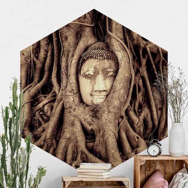 Carta parati adesiva Buddha ad Ayutthaya rivestito dalle radici degli alberi in marrone