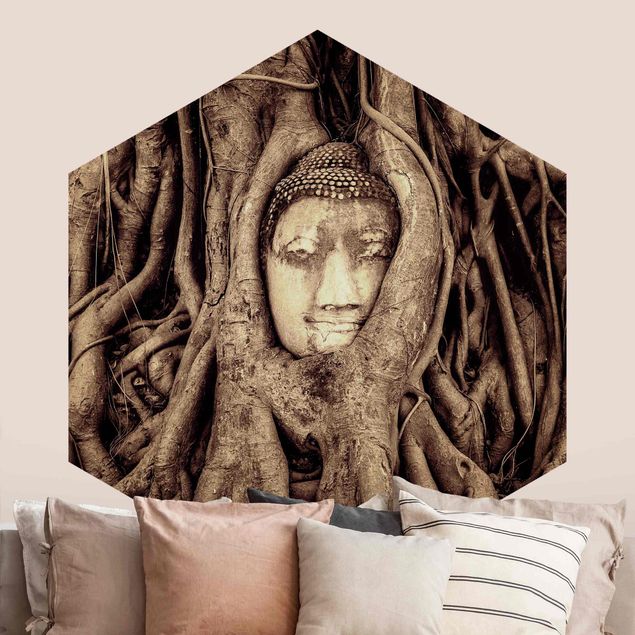 Carta parati foresta Buddha ad Ayutthaya rivestito dalle radici degli alberi in marrone