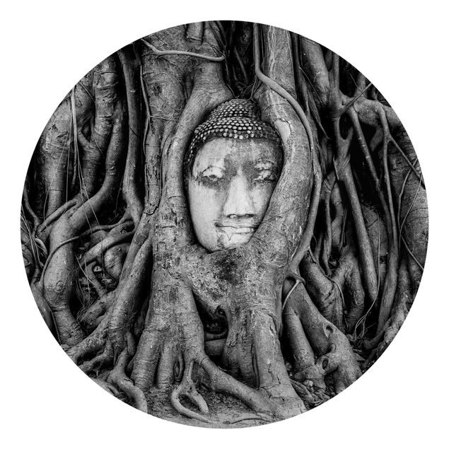 Carta da parati floreale Buddha ad Ayutthaya foderato di radici d'albero in bianco e nero
