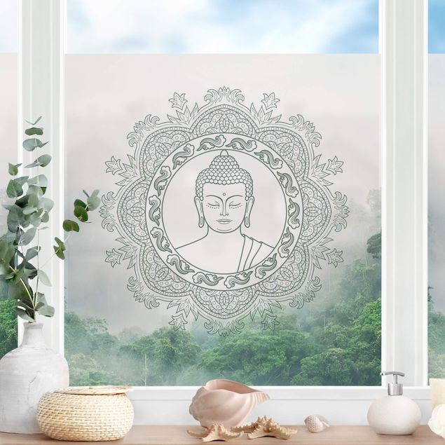 Adesivi per finestre con architettura e skylines Buddha Mandala nella nebbia