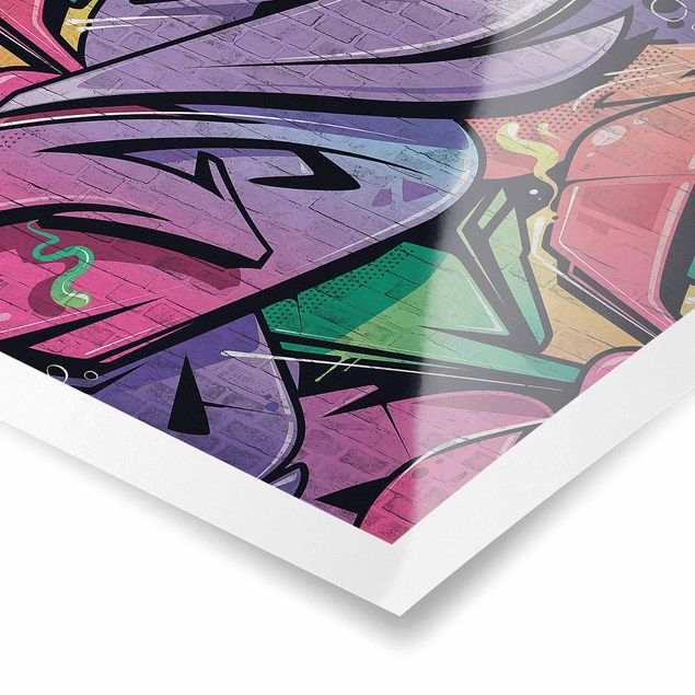 Poster Muro di mattoni con graffiti colorati