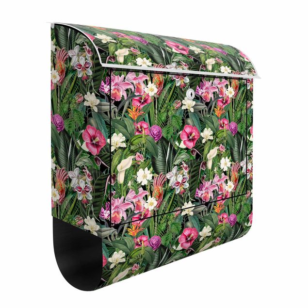 Cassette della posta con fiori Collage di fiori tropicali colorati