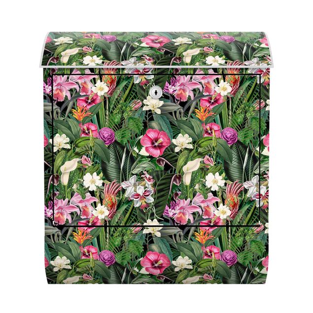Cassetta della posta verde Collage di fiori tropicali colorati