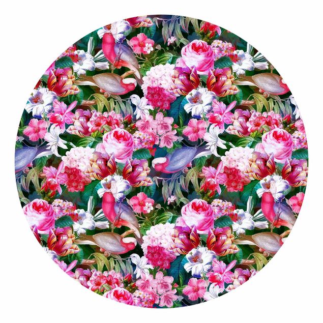 Carte da parati con rose Fiori tropicali colorati con uccelli rosa