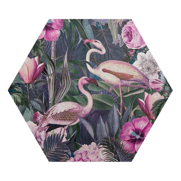 Quadri Andrea Haase Collage colorato - Fenicotteri rosa nella giungla