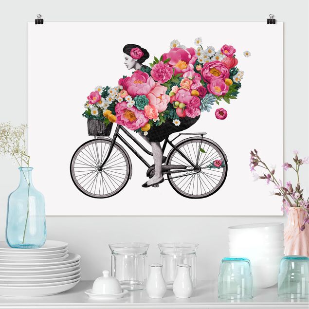 Quadri con fiori Illustrazione - Donna in bicicletta - Collage di fiori colorati