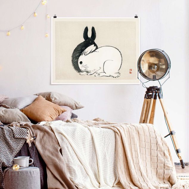 Quadri in bianco e nero Disegno vintage asiatico di due coniglietti