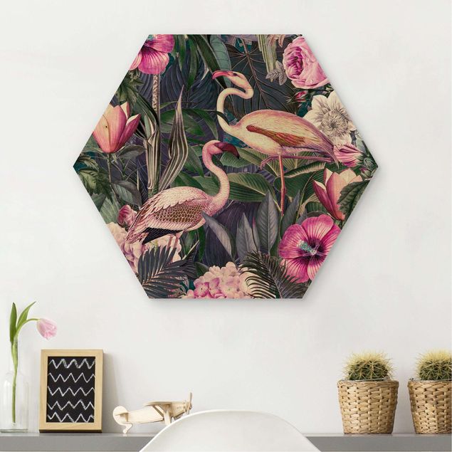 Quadri con animali della giungla Collage colorato - Fenicotteri rosa nella giungla