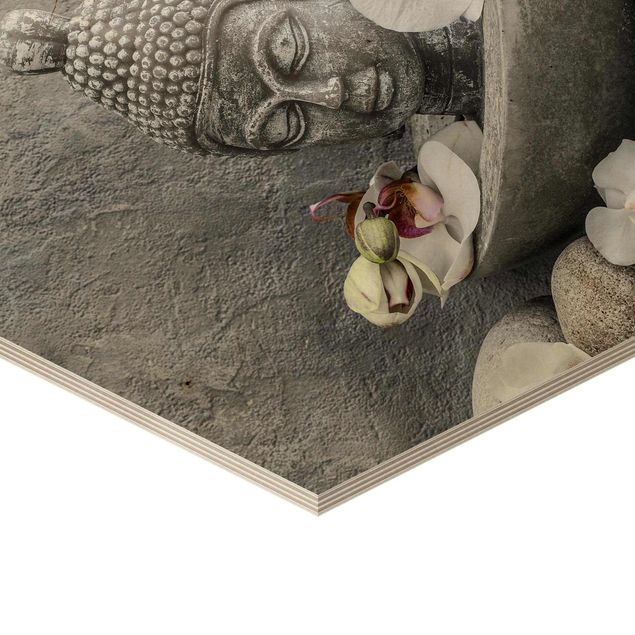 Quadri in legno Buddha Zen, orchidea e pietra