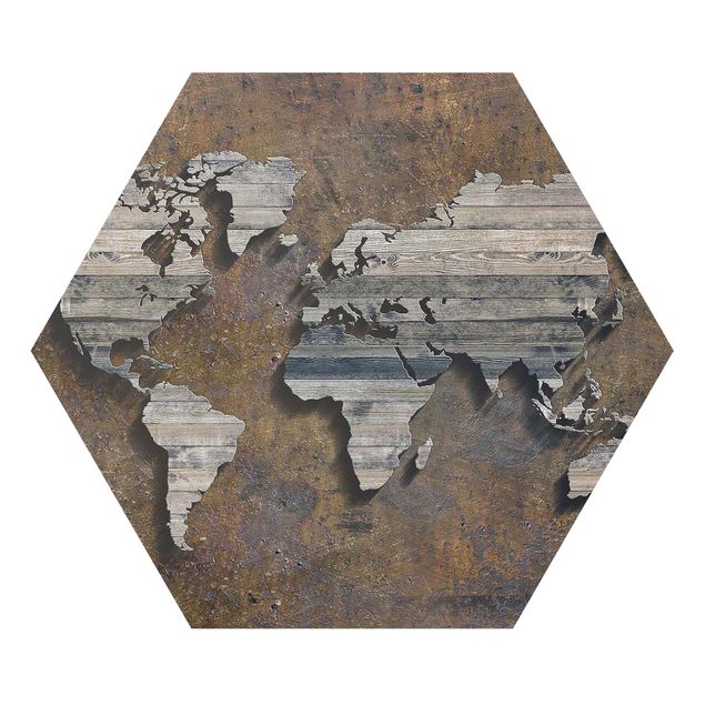 Quadri Mappa del mondo con griglia di legno