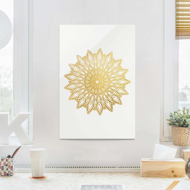 Quadri in vetro spirituali Mandala Sole Illustrazione Oro Bianco