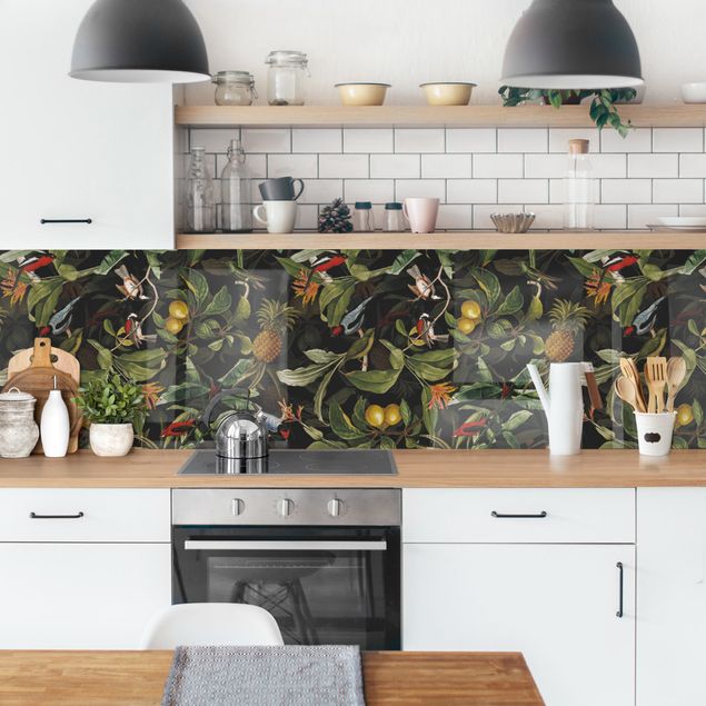 Rivestimenti per cucina con disegni Uccelli con ananas verde