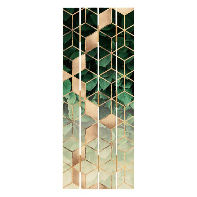 Quadri su legno Foglie verdi Geometria dorata
