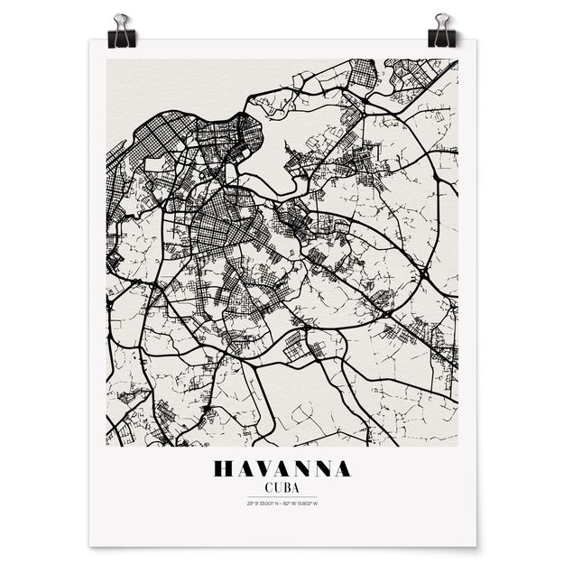 Poster bianco nero Mappa dell'Avana - Classica