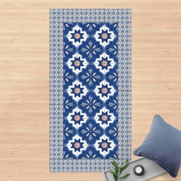 Passatoie Piastrelle marocchine acquerello blu con cornice di piastrelle