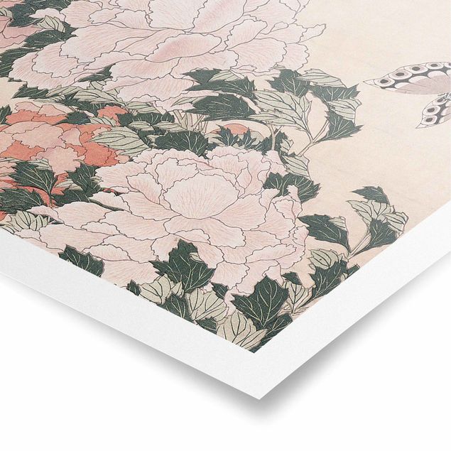 Quadri fiori Katsushika Hokusai - Peonie rosa con farfalla