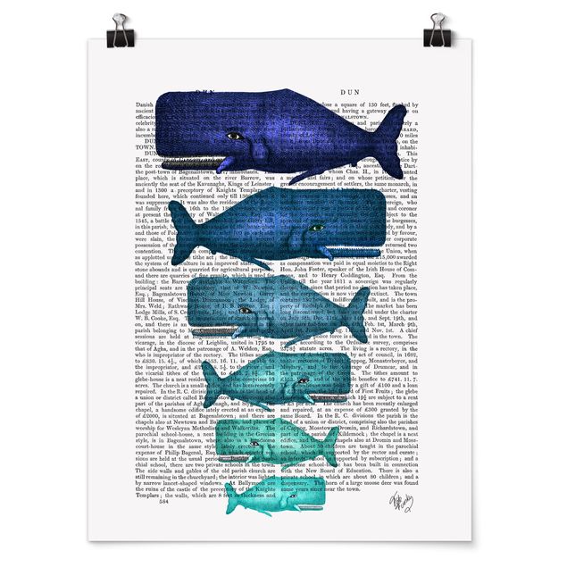 Quadro blu Lettura con animali - Famiglia di balene
