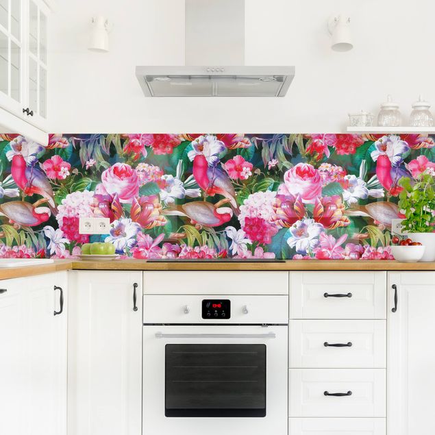 Rivestimenti per cucina con animali Tropicali variopinti fiori con uccelli rosa