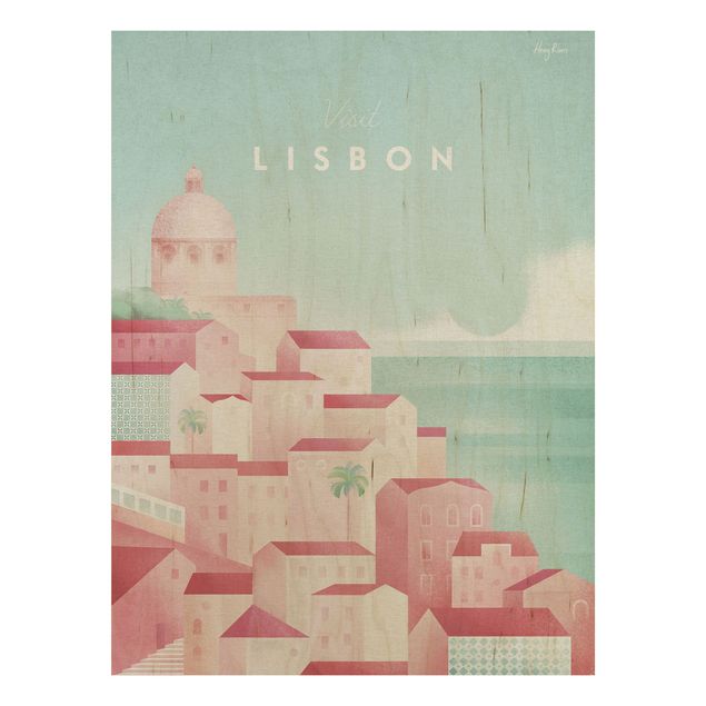 Quadri in legno con architettura e skylines Poster di viaggio - Lisbona