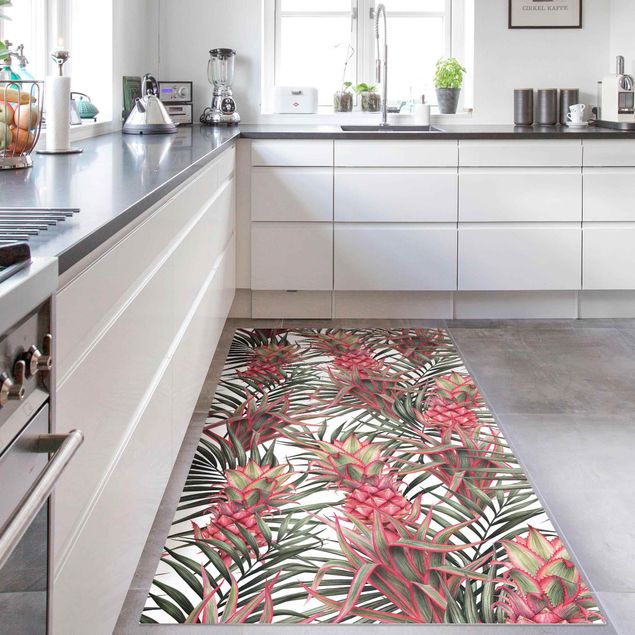 tappeto ingresso esterno Ananas rosso con foglie di palma tropicale