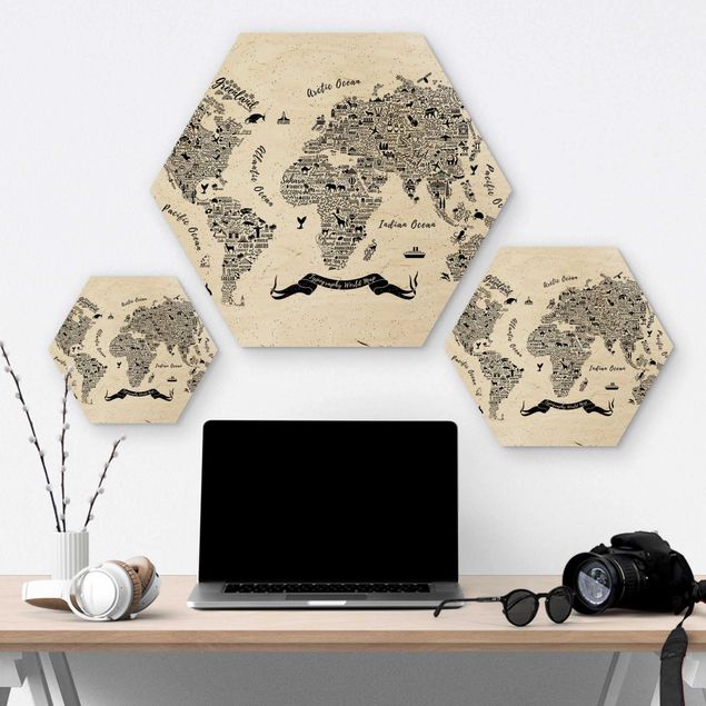 Esagono in legno - Tipografia Bianco mappa del mondo