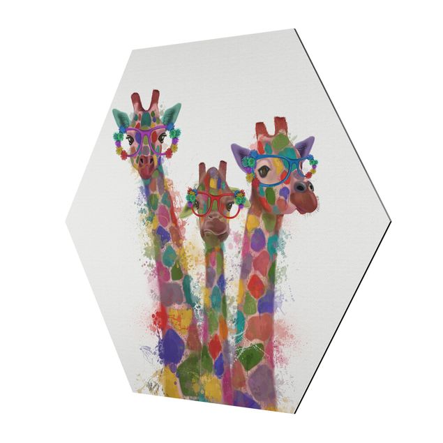 Quadri stampe Trio di giraffe con schizzi arcobaleno