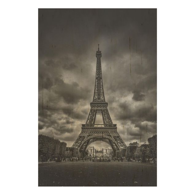 Quadri in legno con architettura e skylines Torre Eiffel davanti alle nuvole in bianco e nero