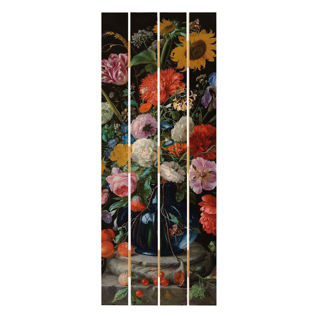 Quadri Jan Davidsz de Heem - Tulipani, un girasole, un'iris e altri fiori in un vaso di vetro sulla base di marmo di una colonna