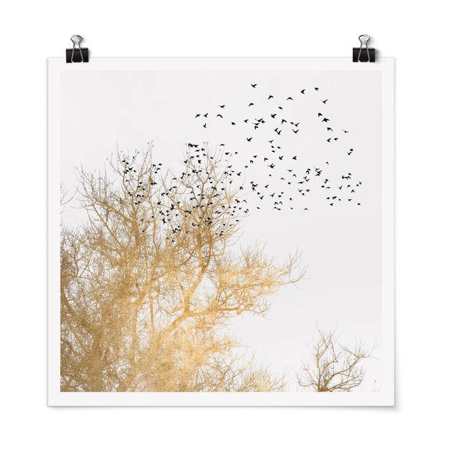 Riproduzioni quadri Stormo di uccelli davanti all'albero d'oro