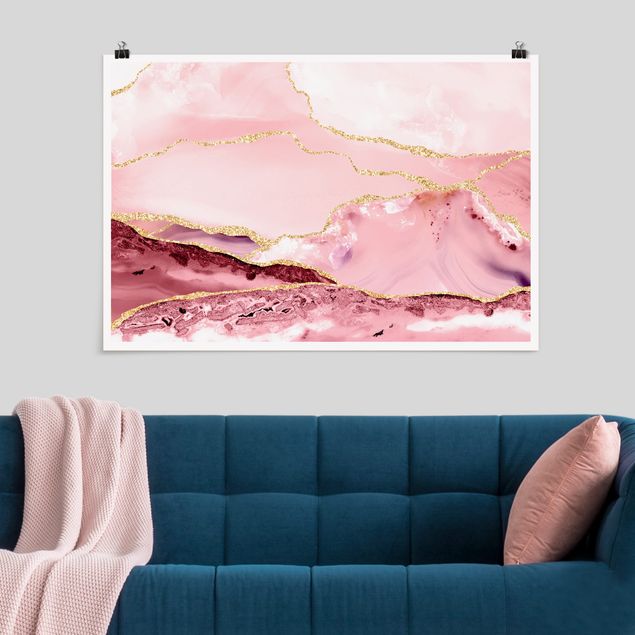 Quadri montagna Montagne astratte rosa con linee dorate