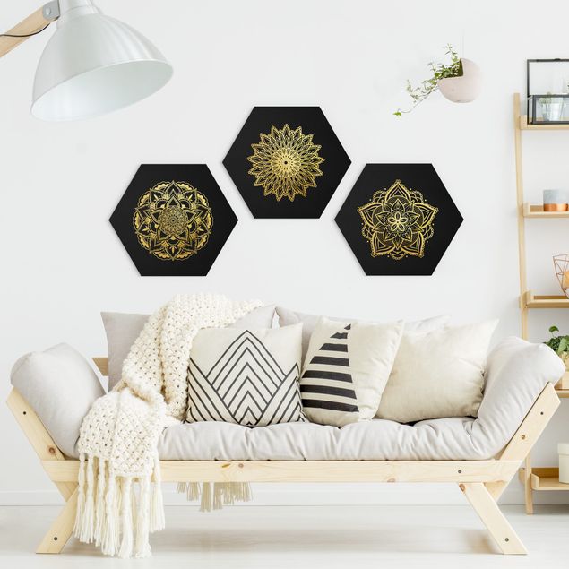 Esagono in Alluminio Dibond - Mandala Fiore Sun Illustrazione set oro nero