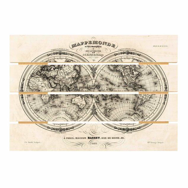 Stampa su legno - Mappa del mondo - Mappa francese del Cap del 1848 - Orizzontale 2:3