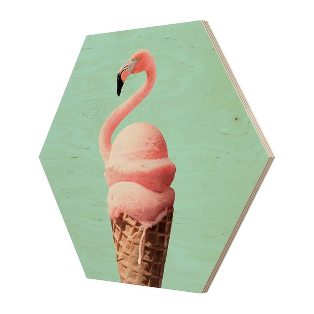 Esagono in legno - Ghiaccio Con Flamingo
