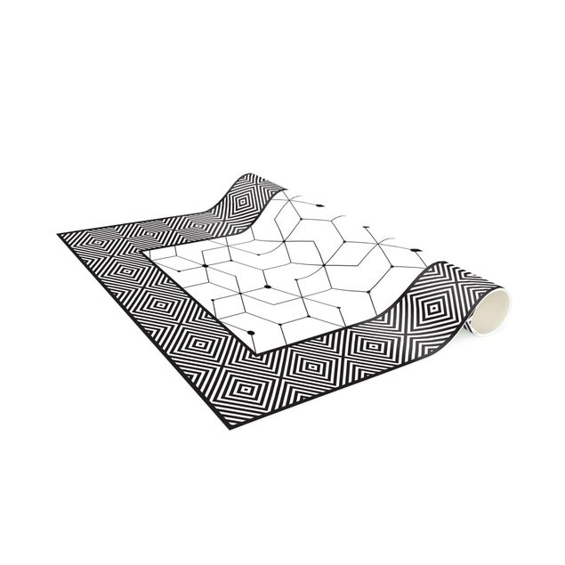 Tappeti moderni Piastrelle geometriche linee tratteggiate bianco e nero con bordo