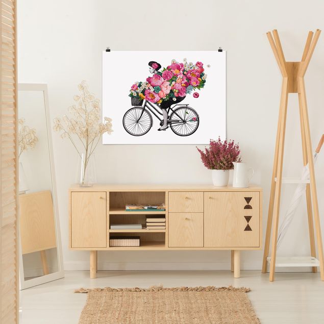 Riproduzione quadri famosi Illustrazione - Donna in bicicletta - Collage di fiori colorati