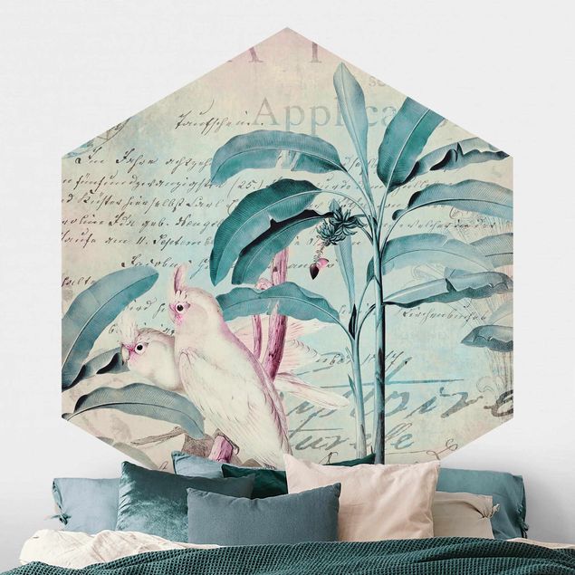 Carta parati adesiva Collage in stile coloniale - Cacatua e palme