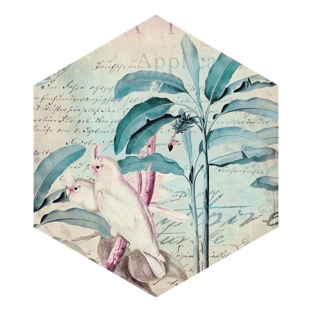Carte da parati turchesi Collage in stile coloniale - Cacatua e palme