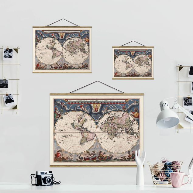 Foto su tessuto da parete con bastone - Storico Mappa del mondo Nova et Accuratissima del 1664 - Orizzontale 3:4