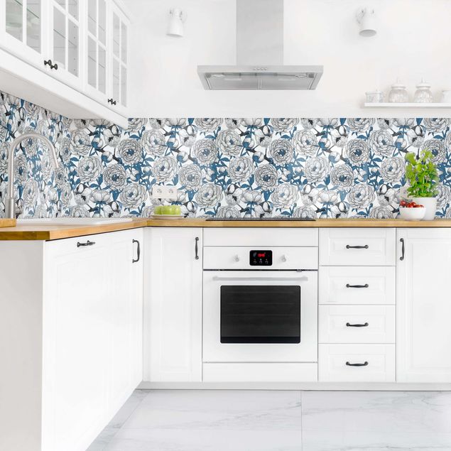 Rivestimenti per cucina con disegni Peonie e cinciallegre in bianco e blu