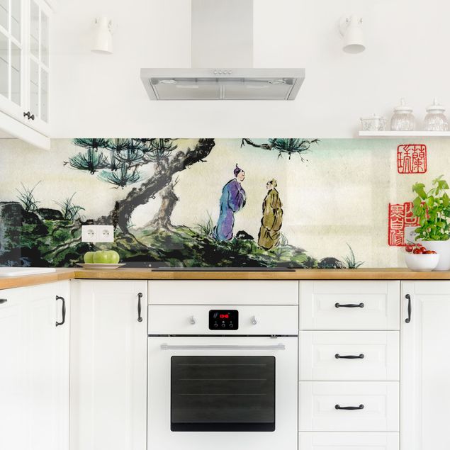 pannelli cucina Disegno acquerello giapponese pino e villaggio di montagna